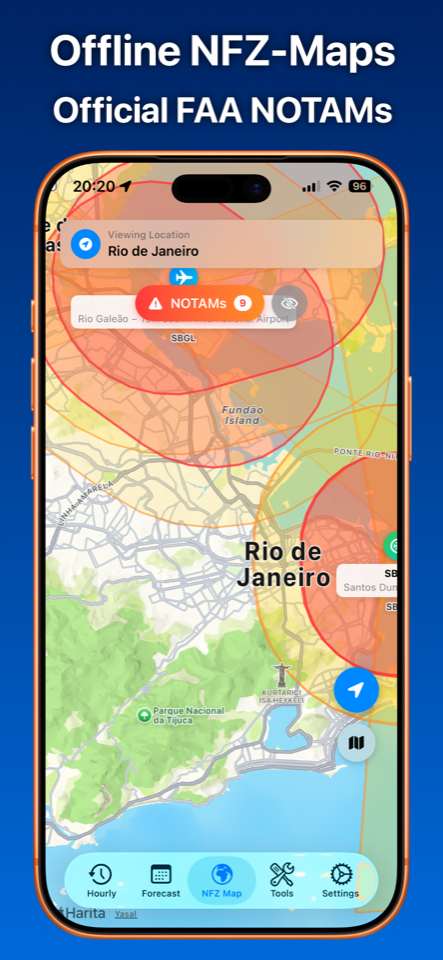 Weather4Fly no-fly zone and FAA NOTAM view